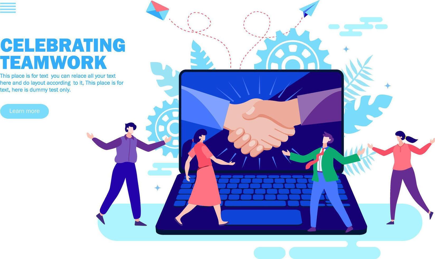 hands joining in computer with people celebrating teamwork, shake hand, congratulation vector