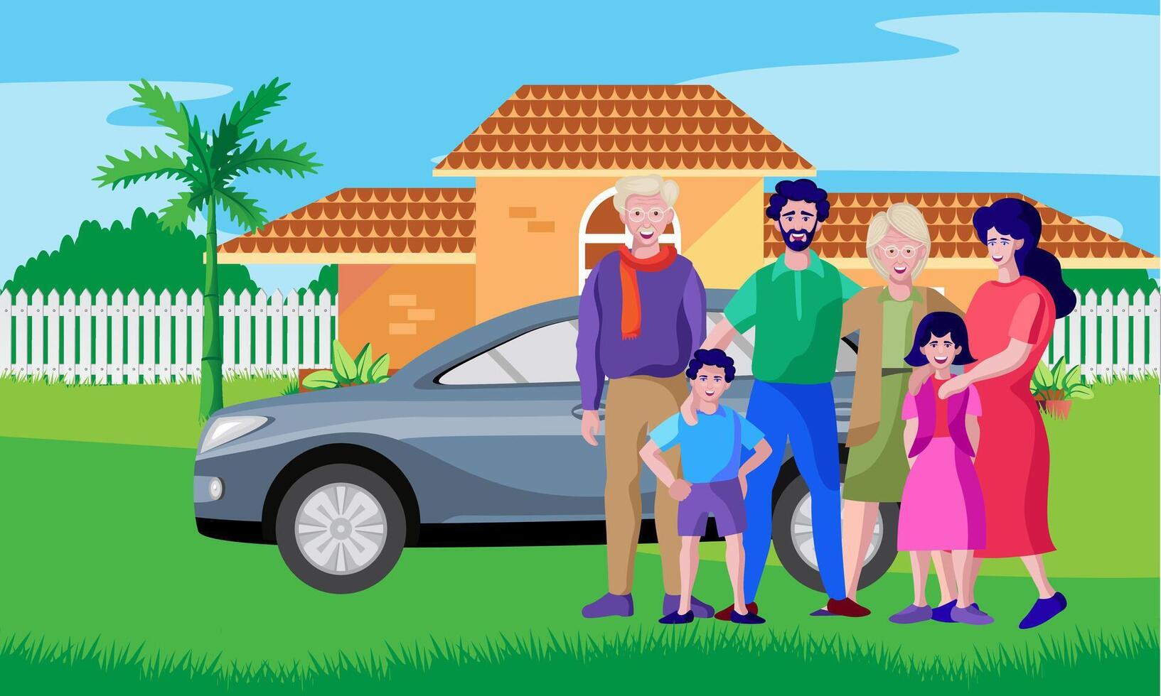 happy family standing in front of car and home vector