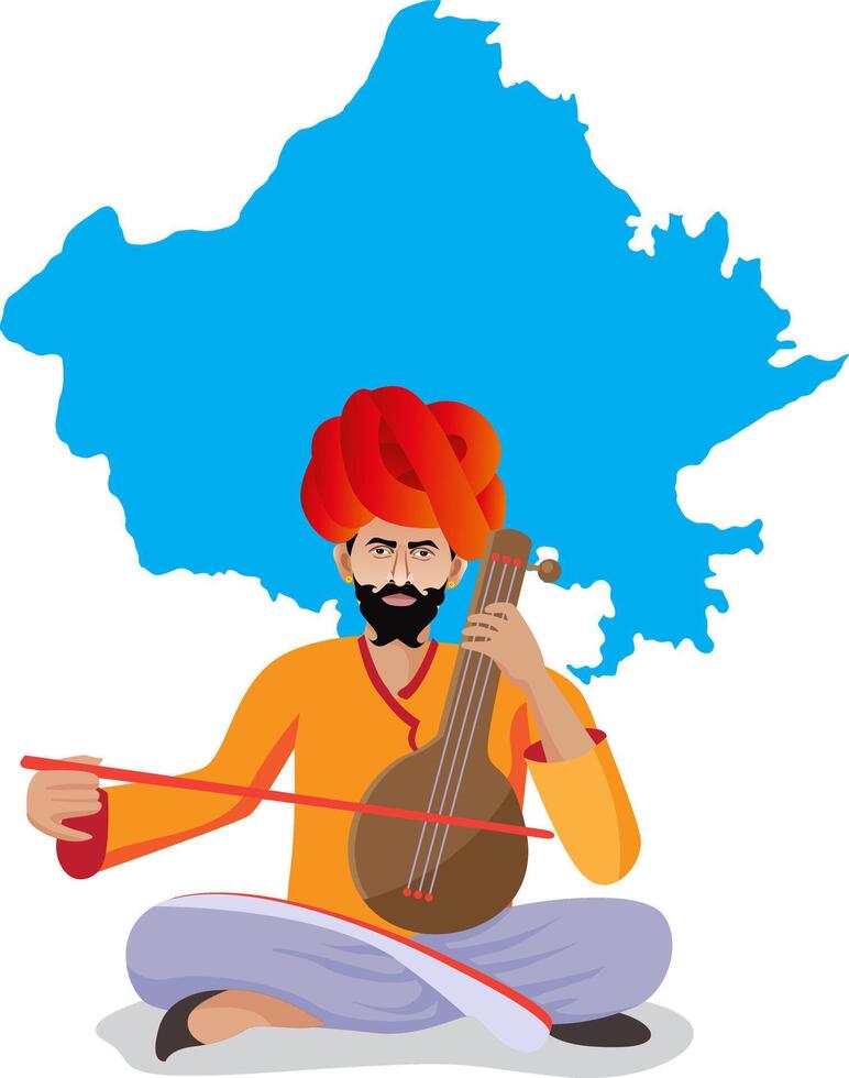 cultural rajasthani folk musician playing music instrument in desert , Rajasthan map in background vector