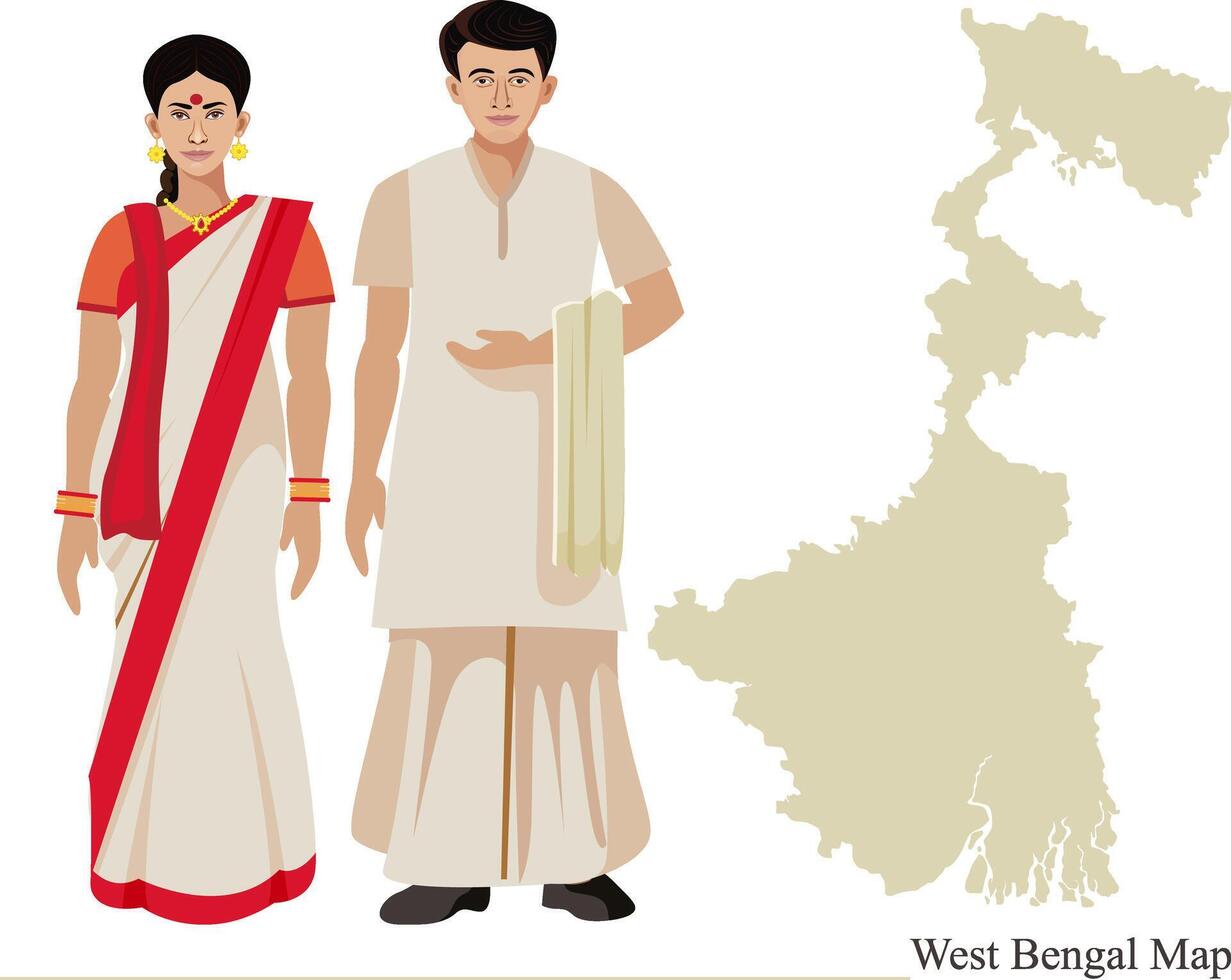 bengali couple in traditional dress with west bengal map vector