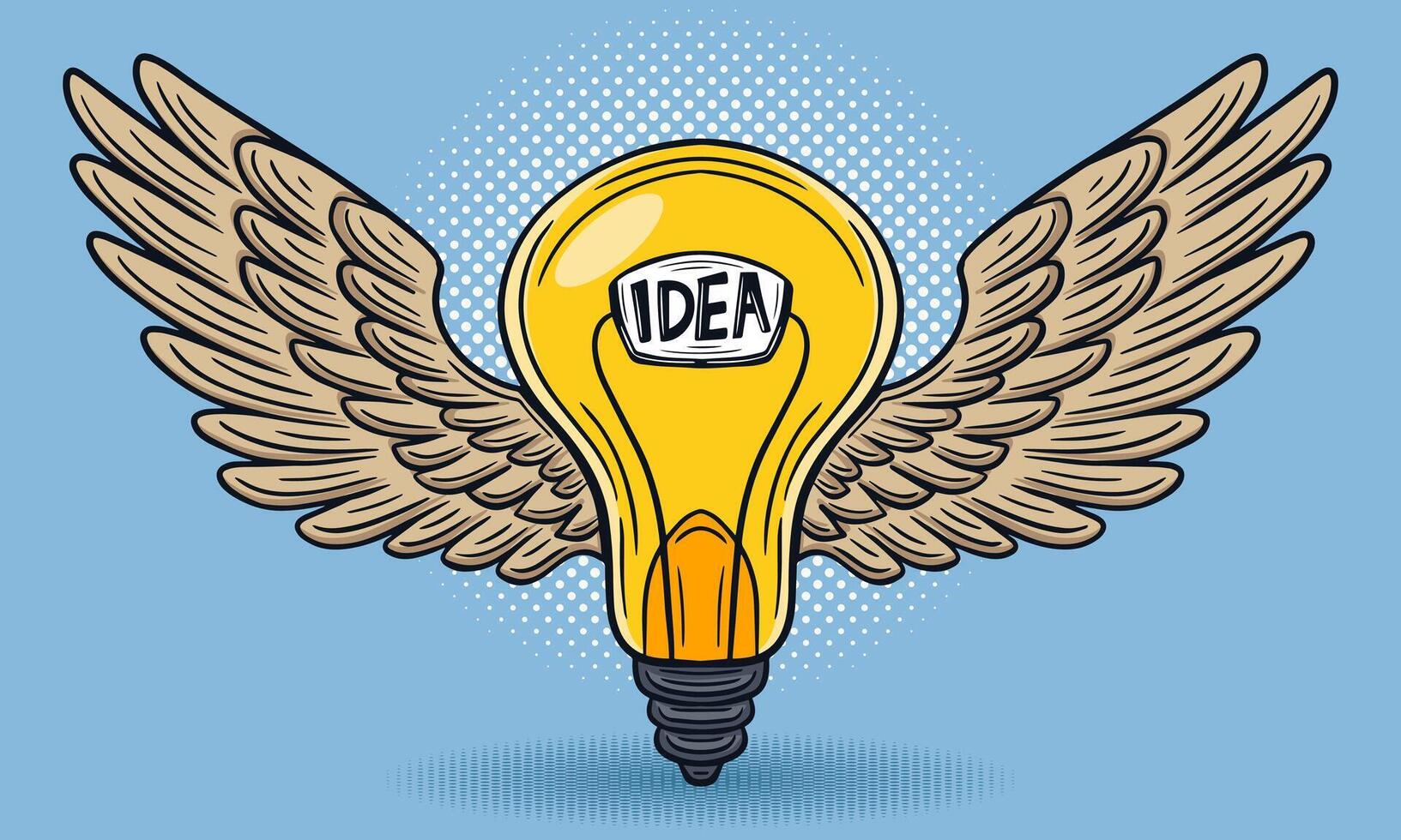 powerful idea, bulb with wings, flying innovation, creative hand drawn  vector