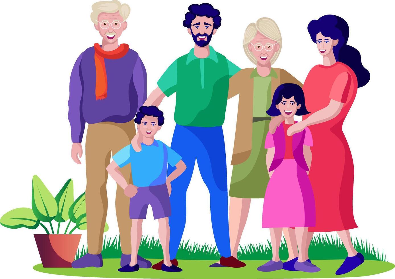family standing, father mother and kids with grandparents vector