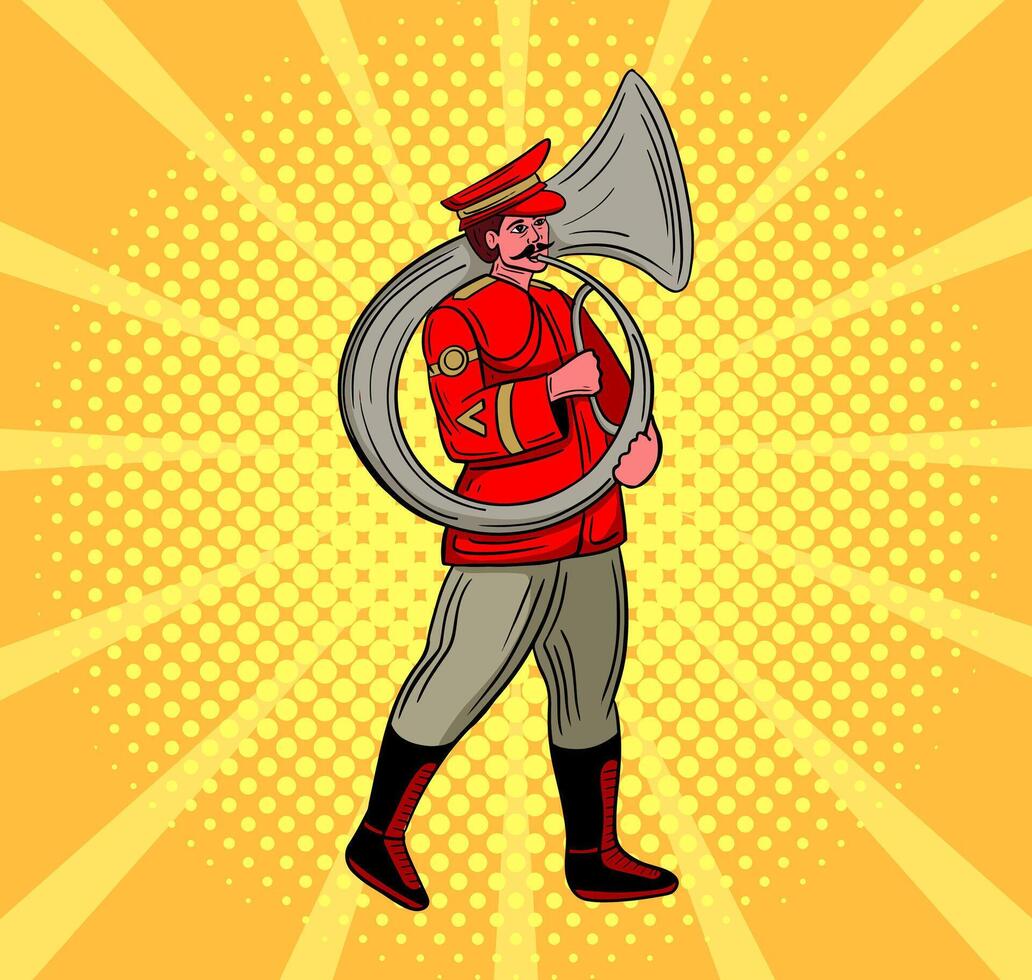 latón banda personaje en rojo vestir jugando sousaphone vector