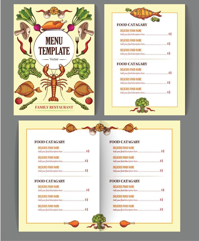 Restaurant cafe menu, template design. Food menu brochure with hand drawn illustrations drawing vector