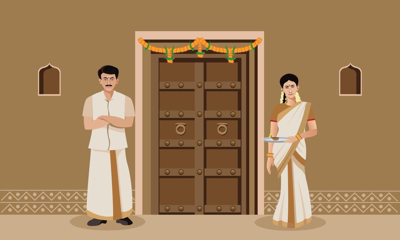 south indian man and woman at door vector