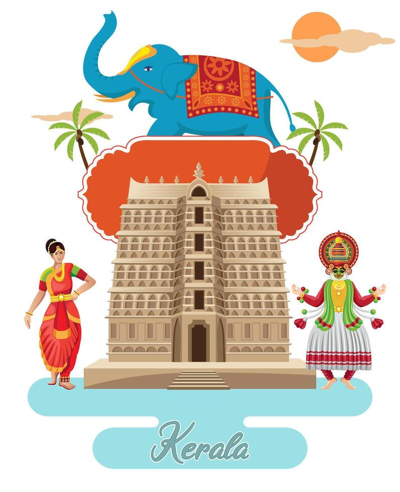 indio kerala diseño, sur indio templo con tradicional Kathakali y bharatnatyam bailarín vector