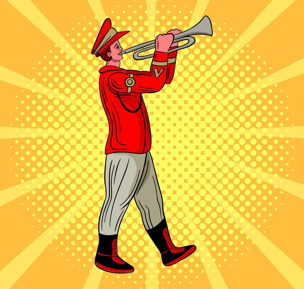 latón banda personaje en rojo vestir jugando trompeta vector