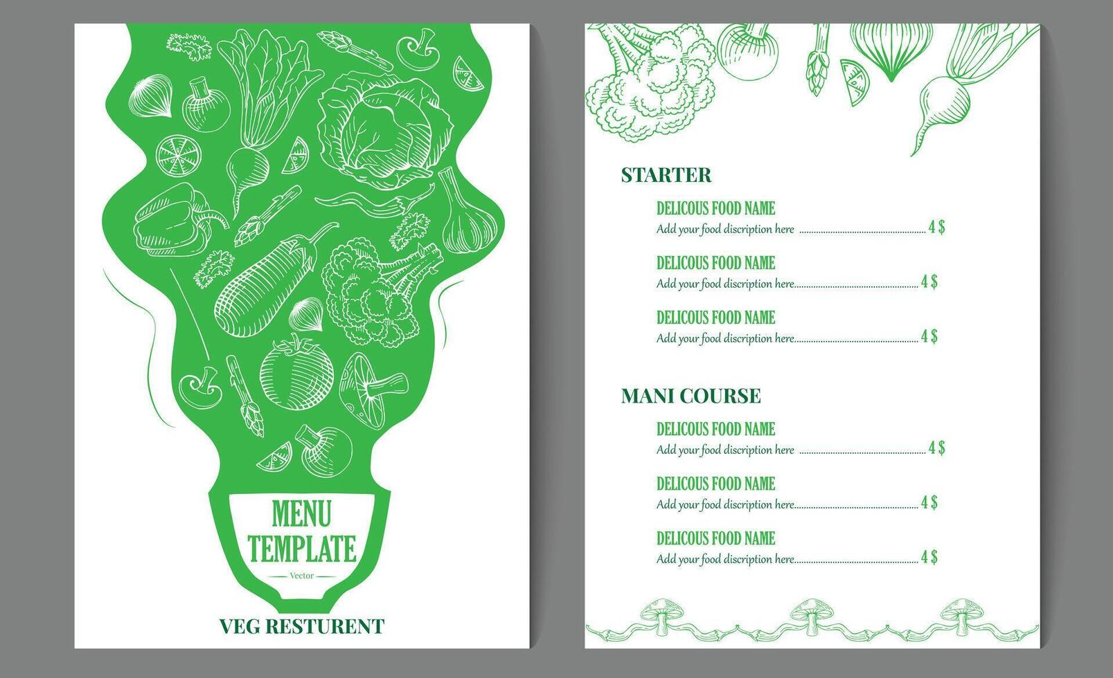 vegetarian restaurant cafe menu design. food menu flyer, hand drawn illustration drawing vector