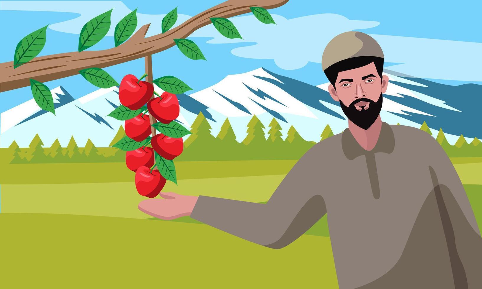 kashmir man with apple tree  branch  vector