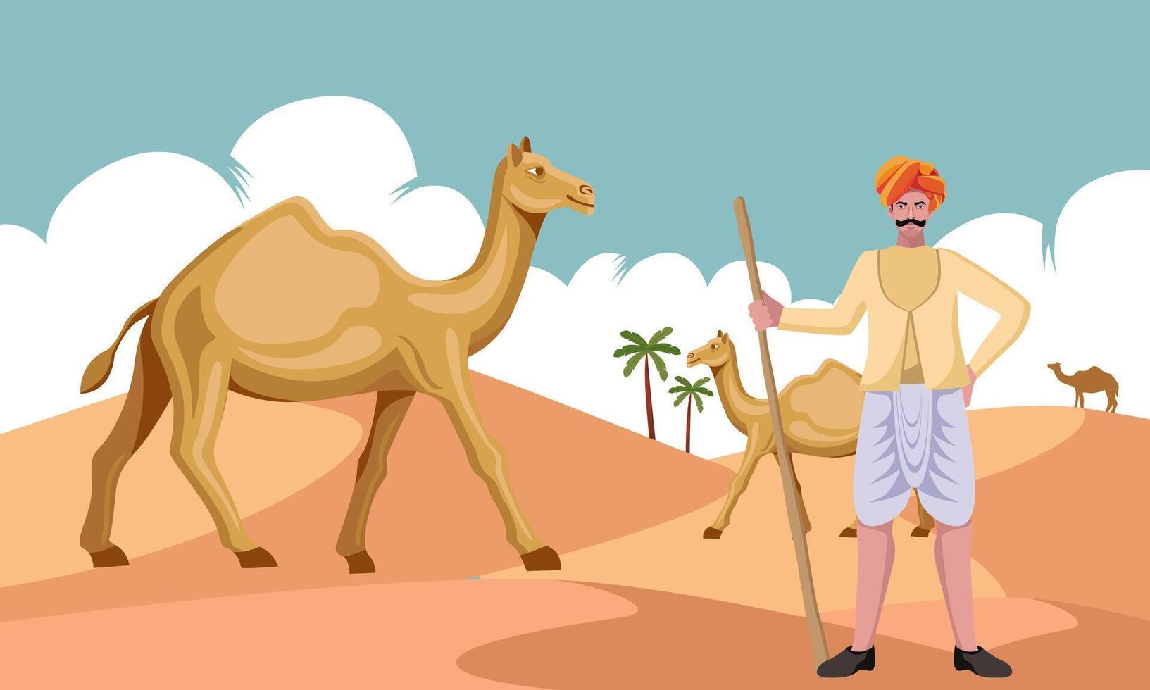 rajasthan rabari man with  camels in desert  vector