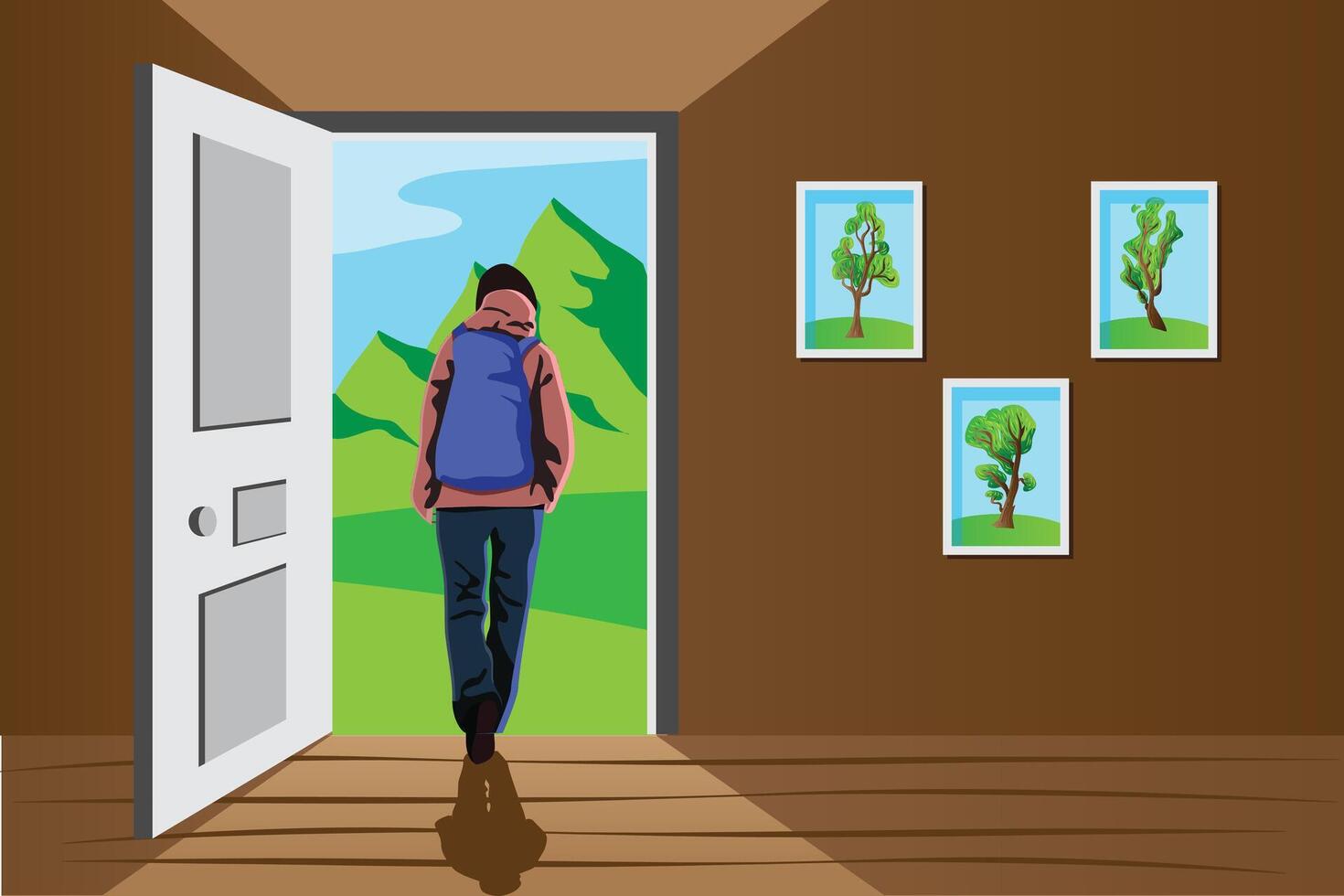 backpacker leaving from door to mountains. traveller vector