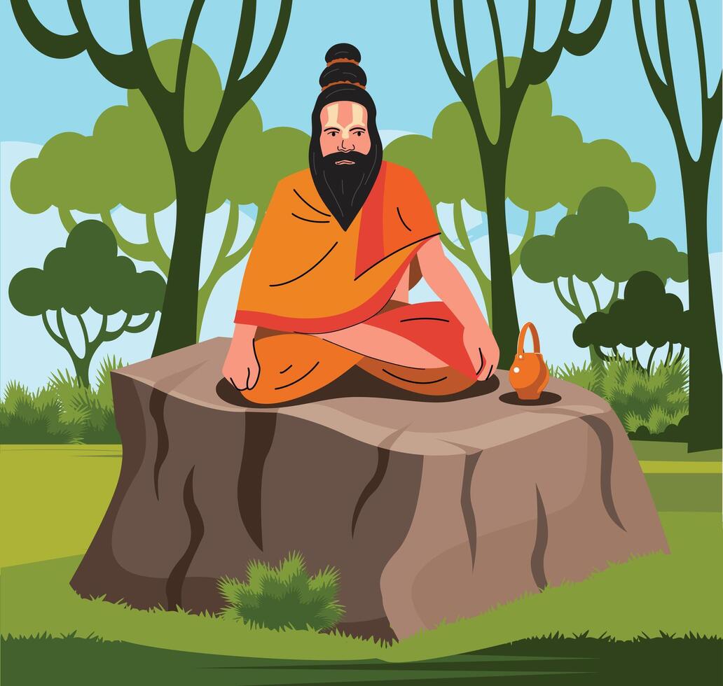 santo hombre, sadhu meditando en selva vector