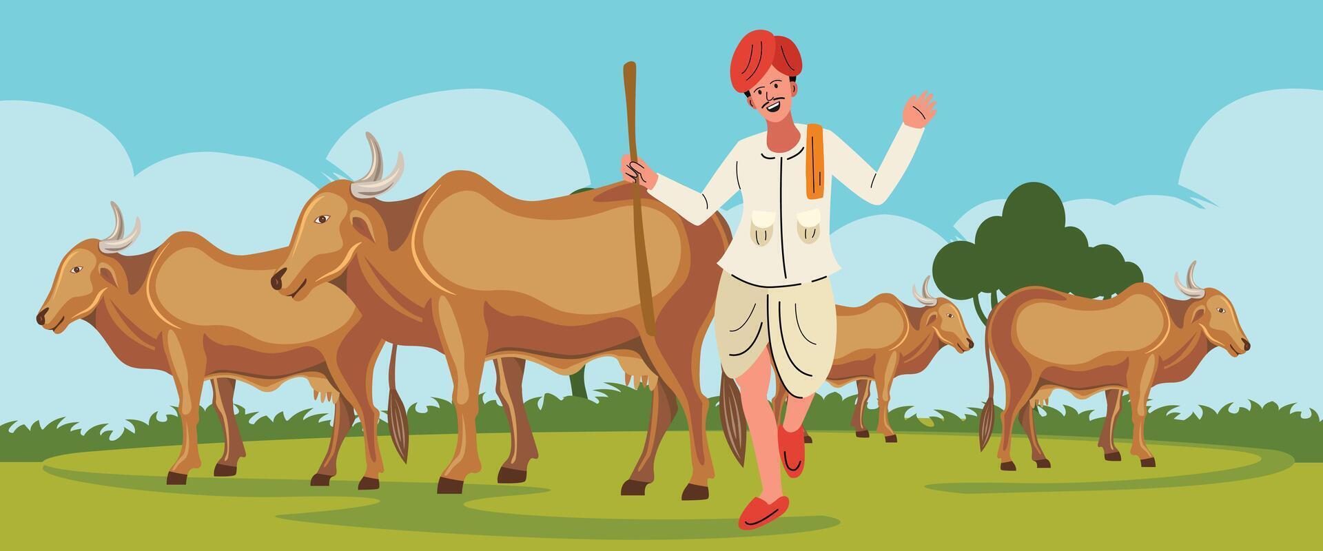 rabari man with the herd of cows, cattles in traditional dress vector