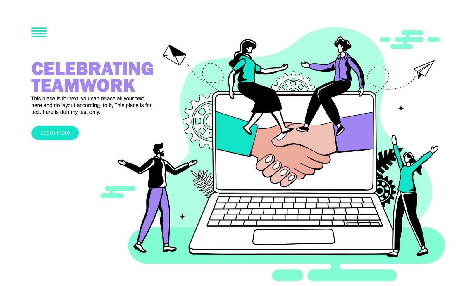 hands joining in computer with people celebrating teamwork , sitting on computer, shake hand, congra vector