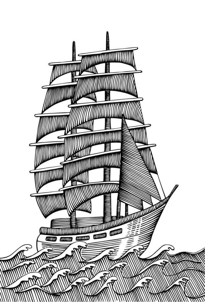 Clásico mano dibujado línea Arte Embarcacion en mar grabado vector