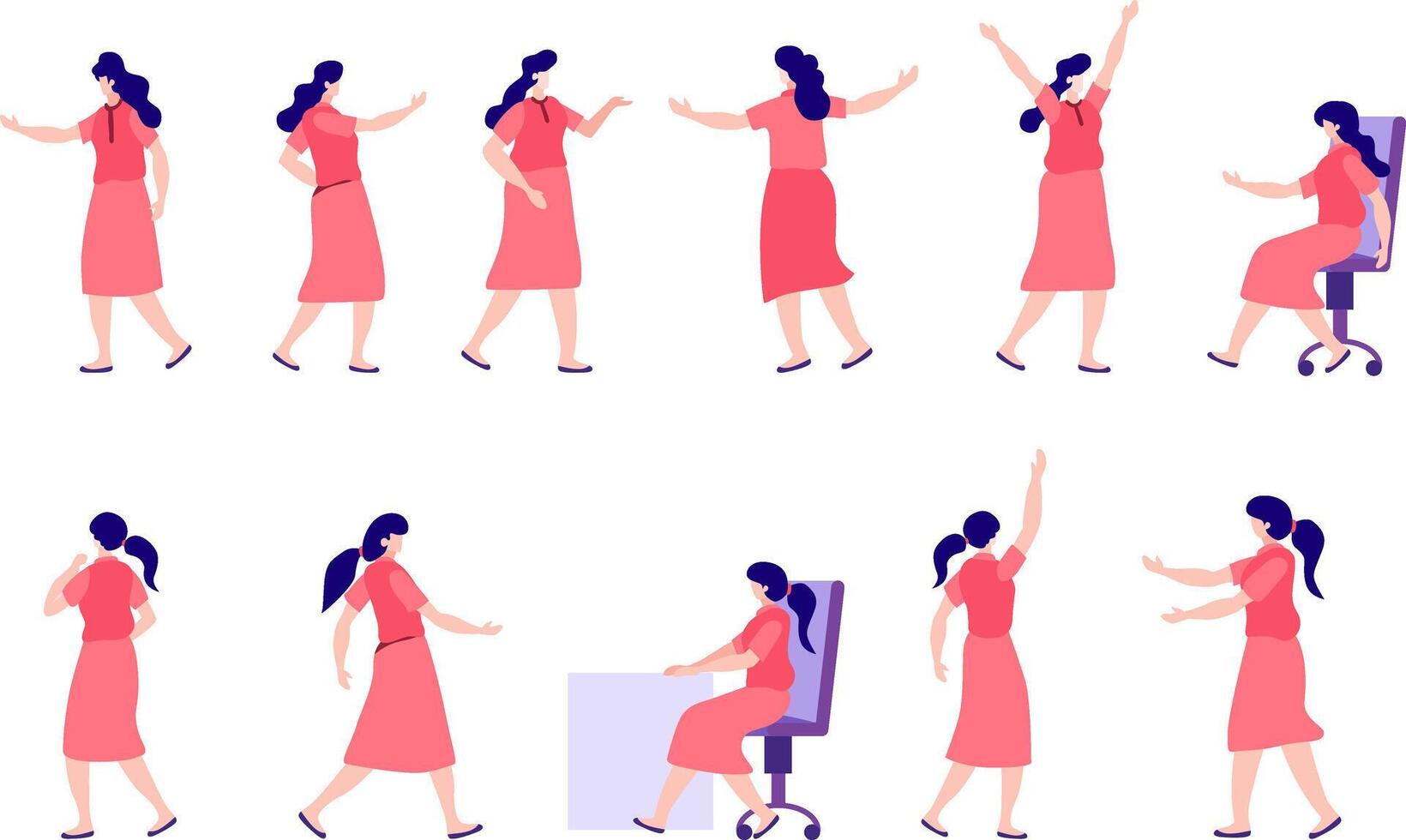 Set of young female character in different poses. Flat illustration vector