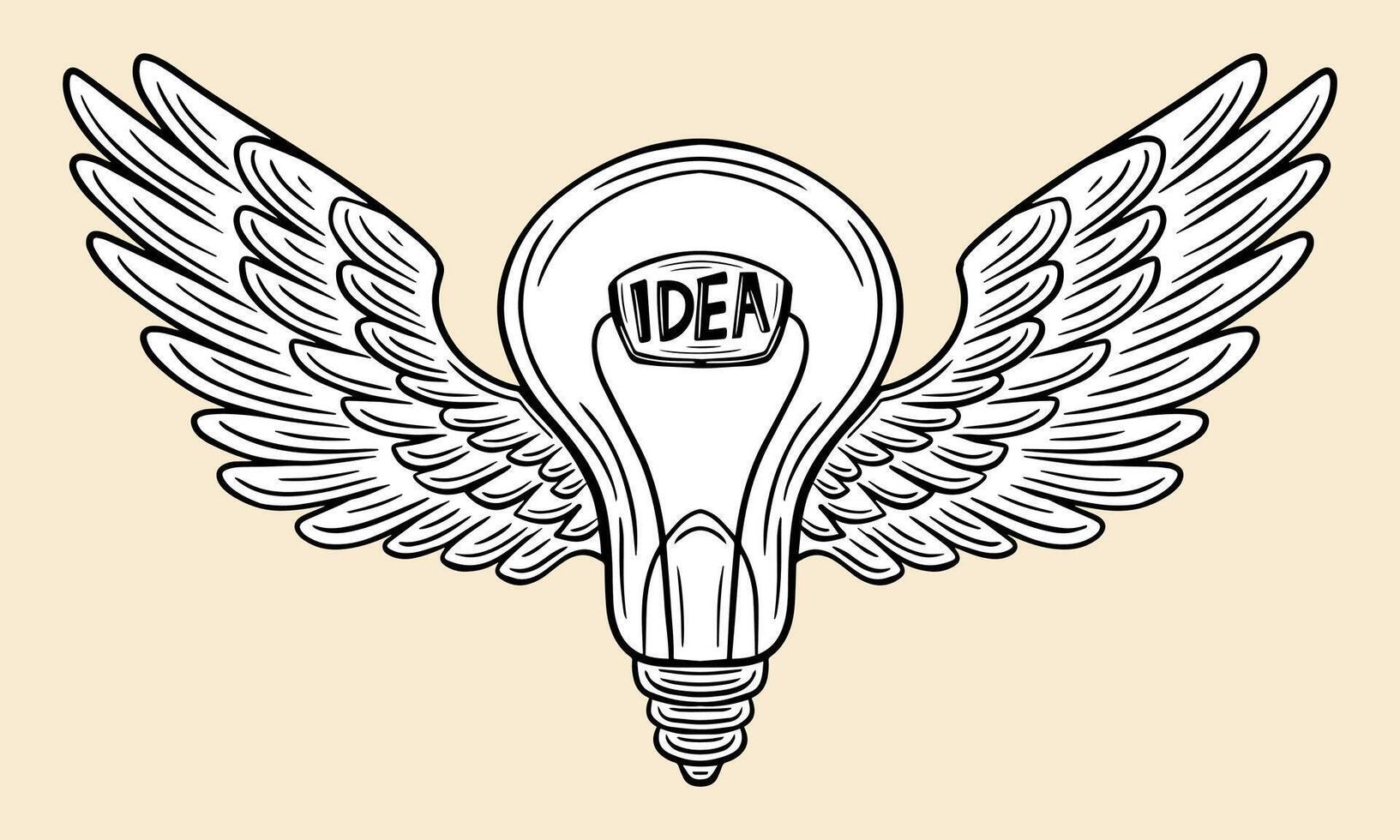 powerful idea, bulb with wings, flying innovation, creative hand drawn  vector