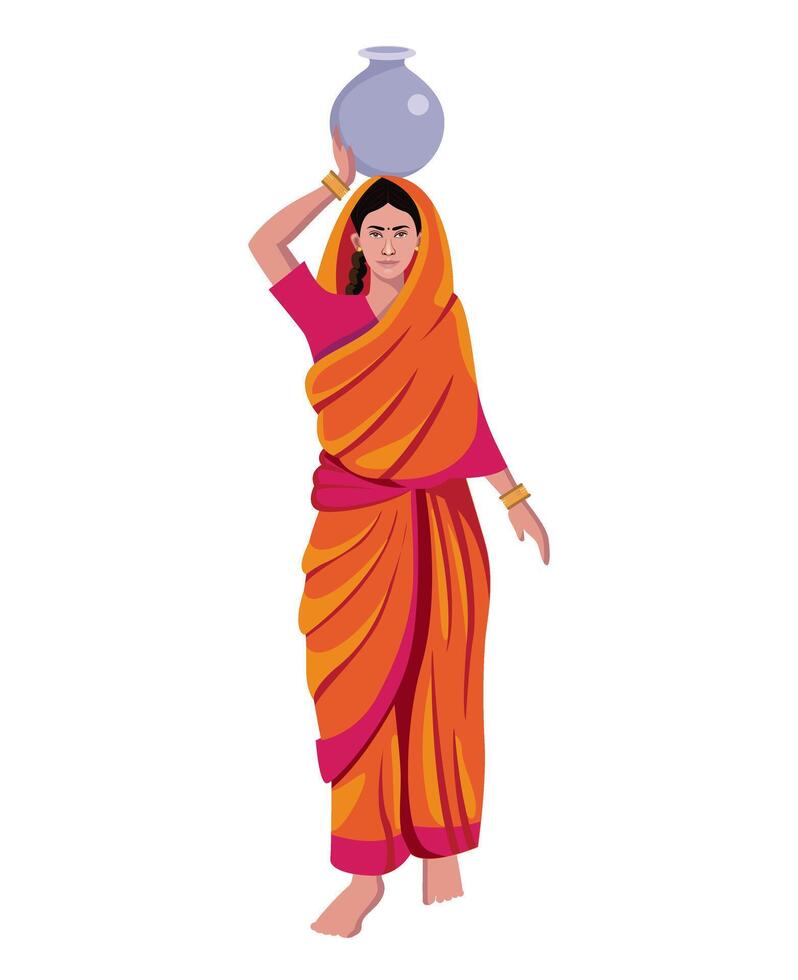 indian woman carrying water on head vector