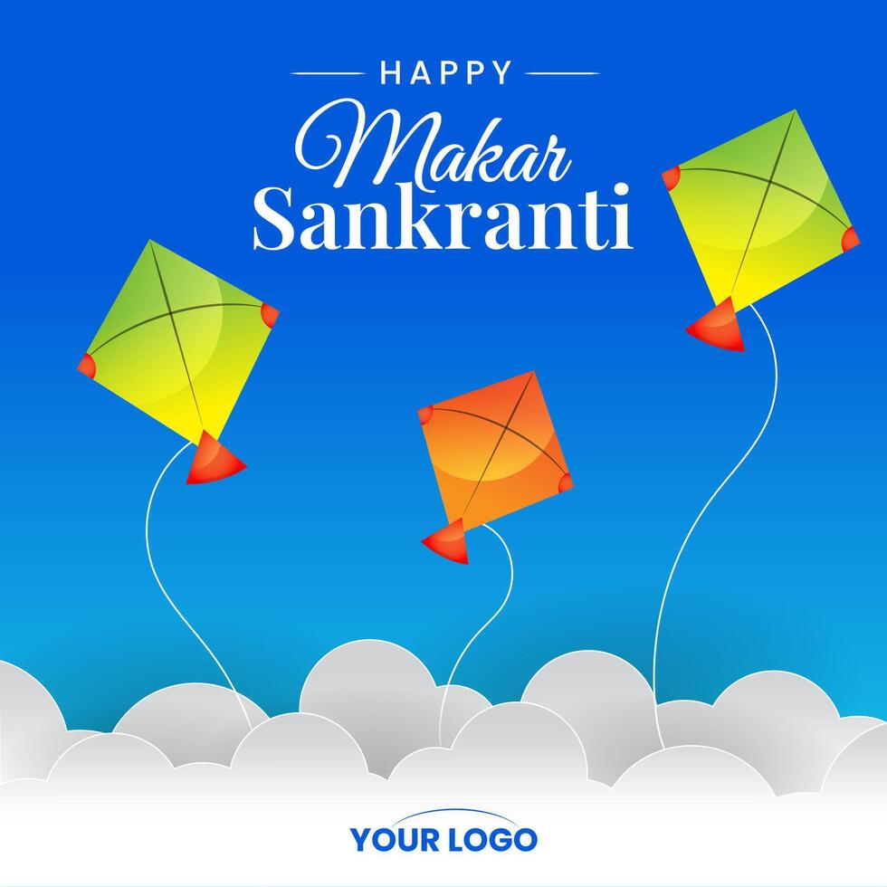 makar sankranti kites flying in clouds greeting vector