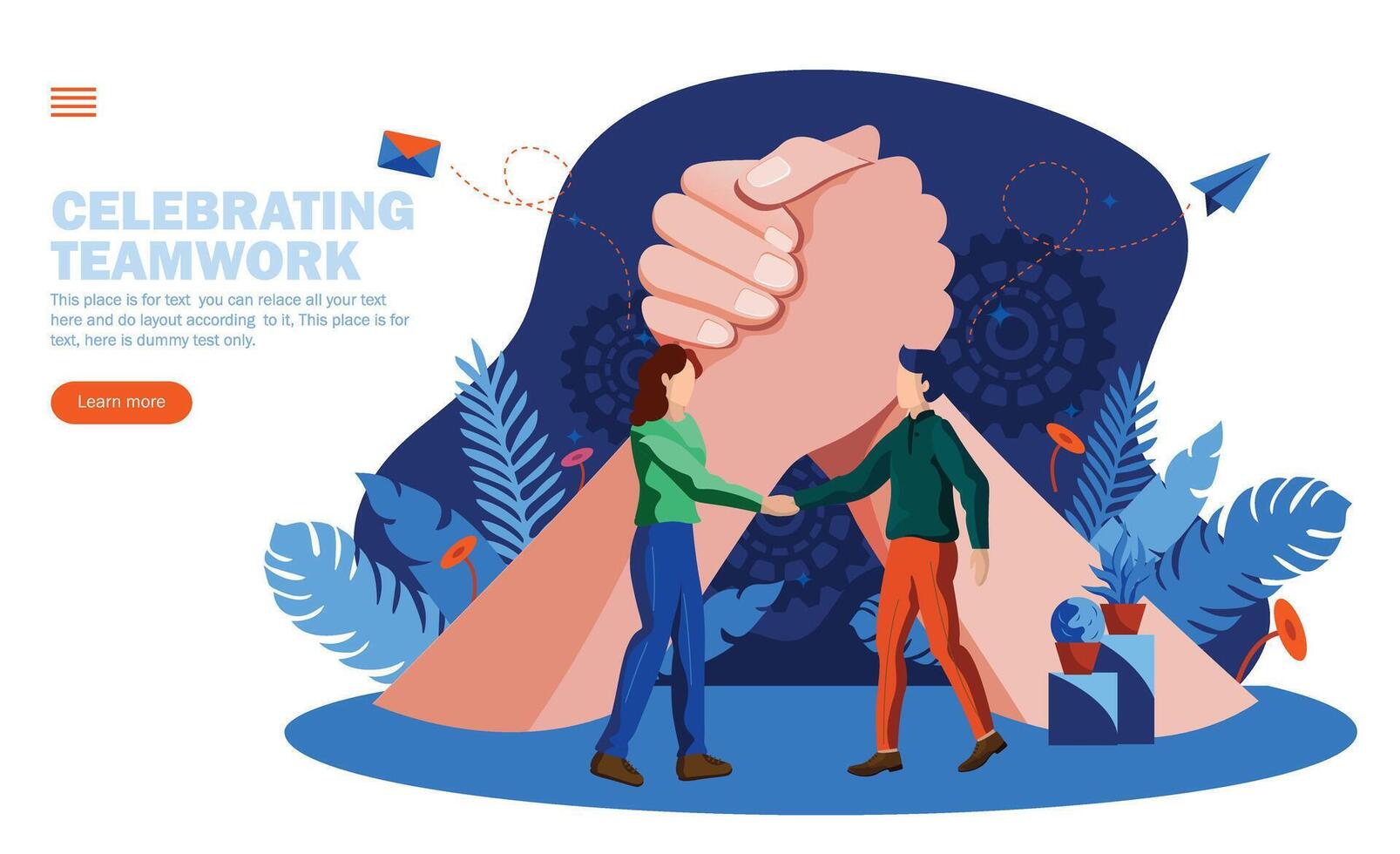 congratulating persons and celebrating teamwork and togetherness in front of big joining hands concept vector illustration