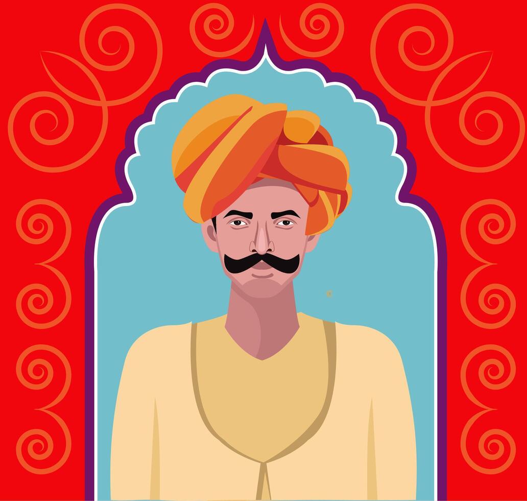 Rajasthani hombre con Bigote en decorativo ventana vector