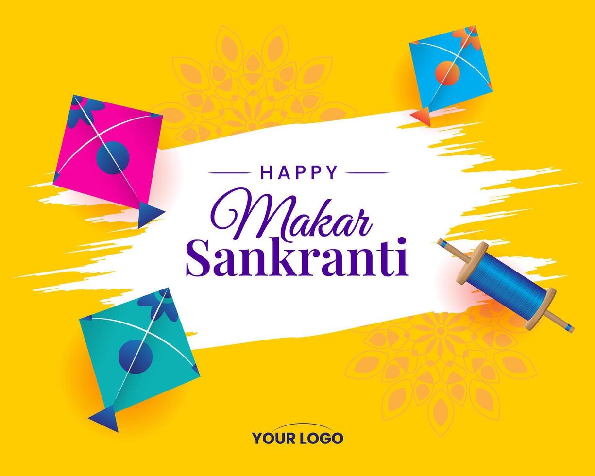 makar sankranti with kites yellow mandala festive background vector