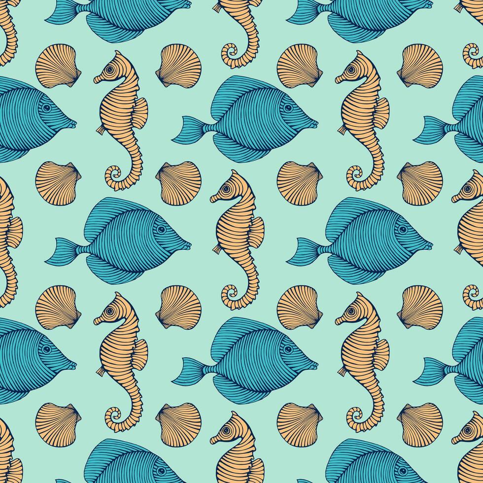 Vintage Hand drawn Seamless pattern with sea creatures. Sea life background. Decorative wallpaper vector illustration