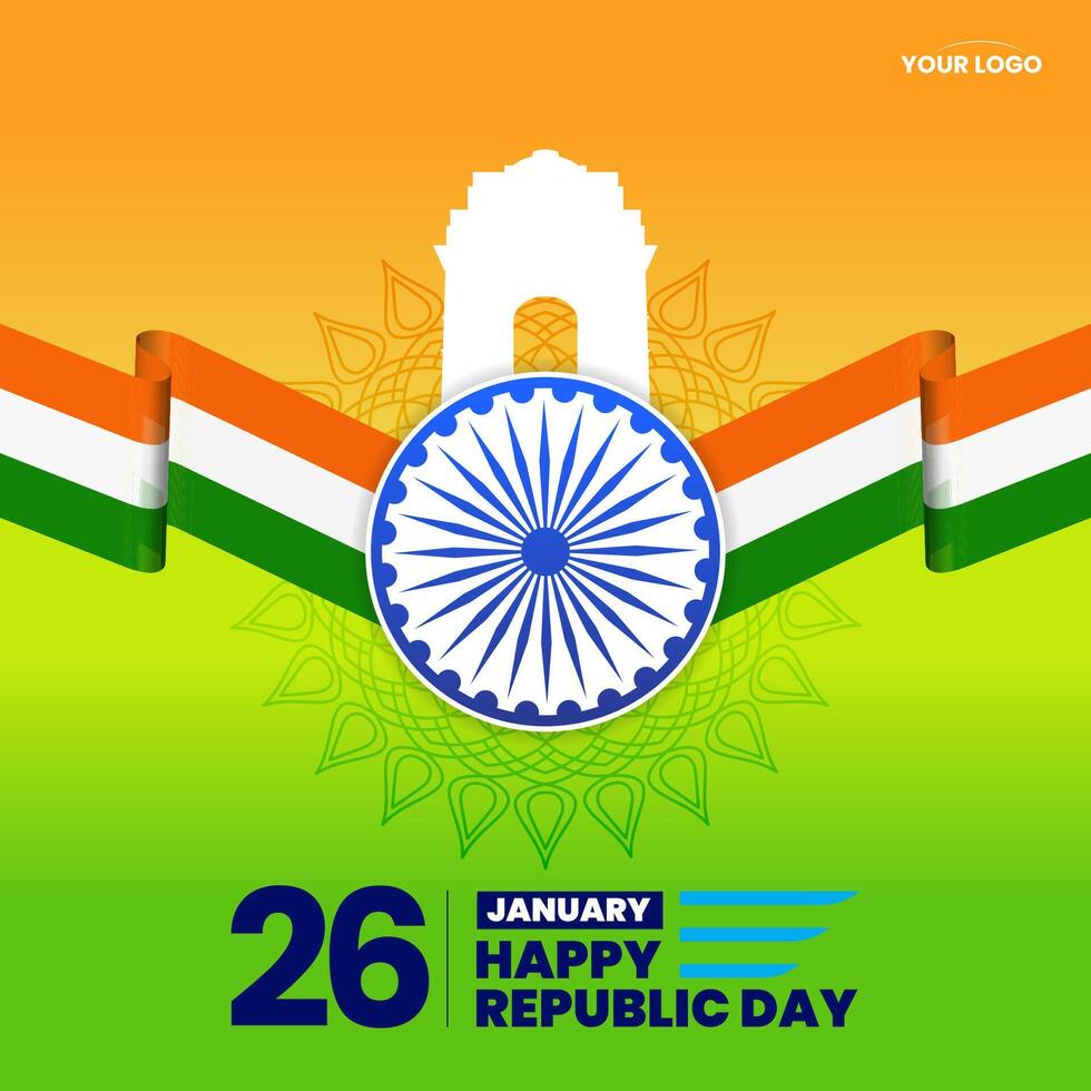 26 january republic day of india celebration greeting with wavy indian flag vector