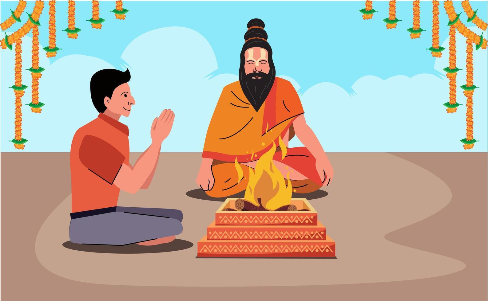 holy man, sadhu doing havan kund vector