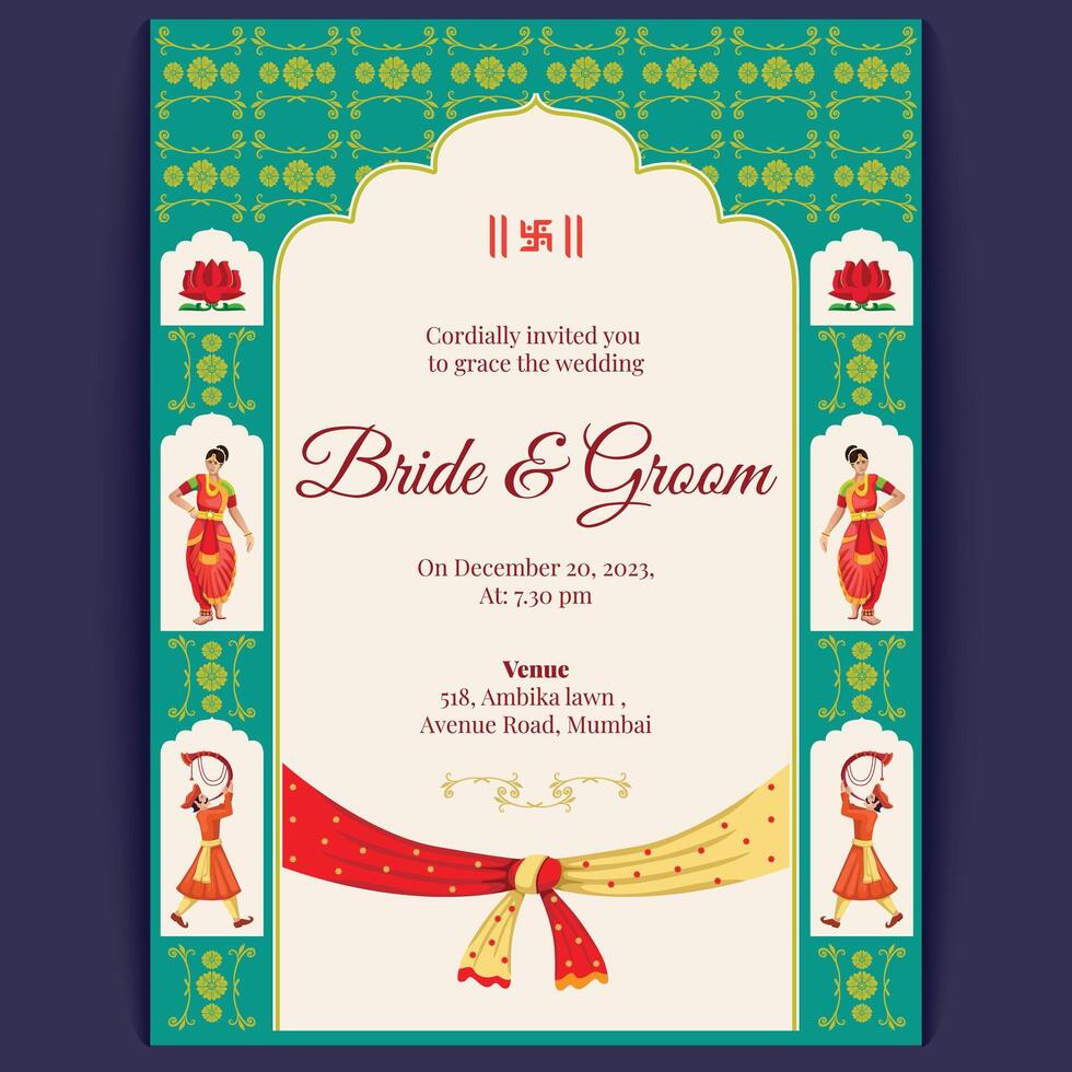 Royal indian wedding card design, invitation template vector