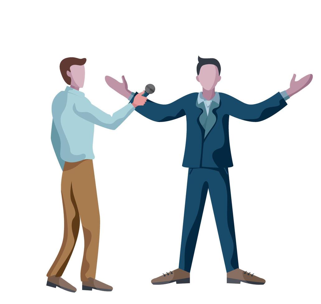 journalist reporter interviewing businessman with microphone and business man answering with arm open vector