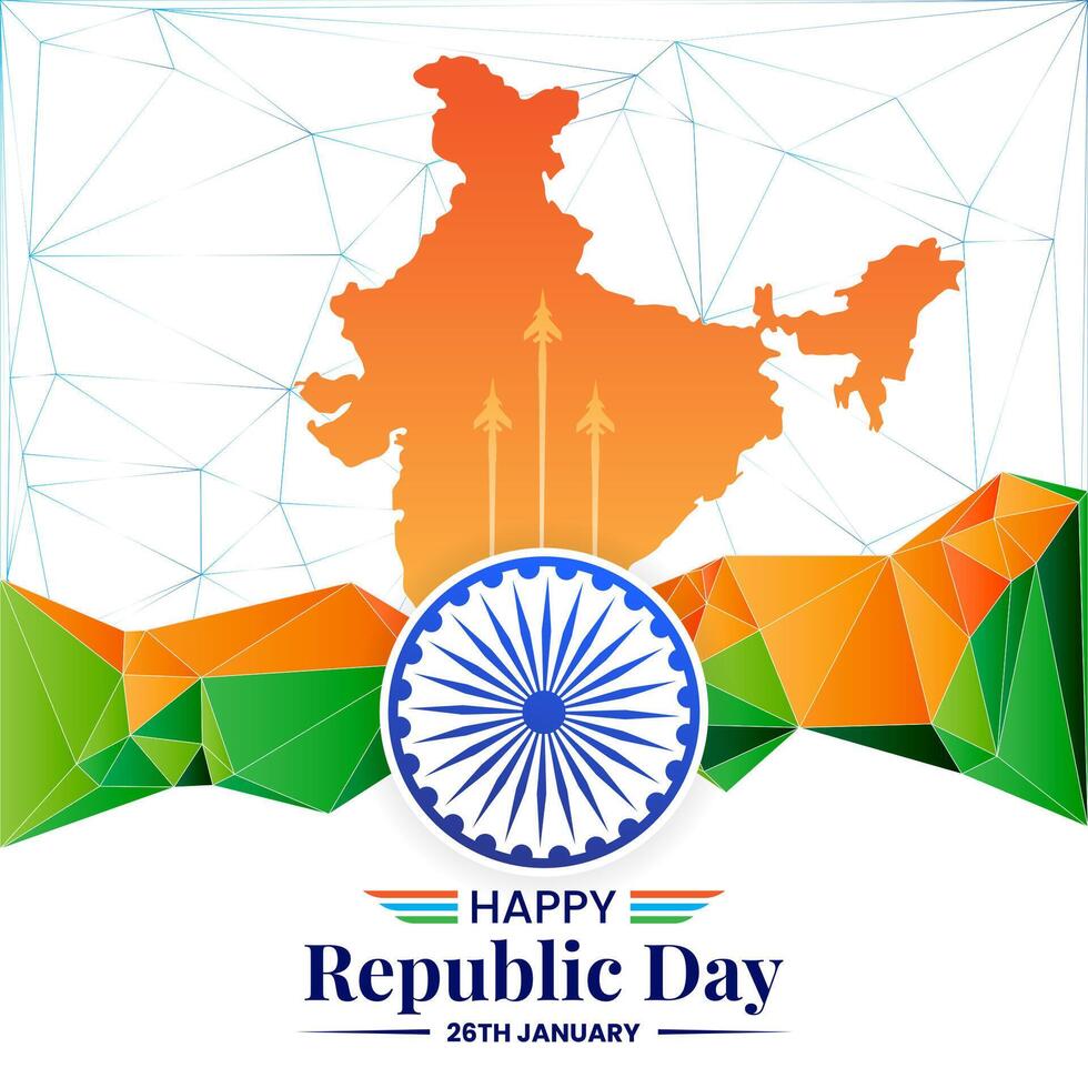 26 enero república día de India celebracion con ondulado indio bandera y mapa vector