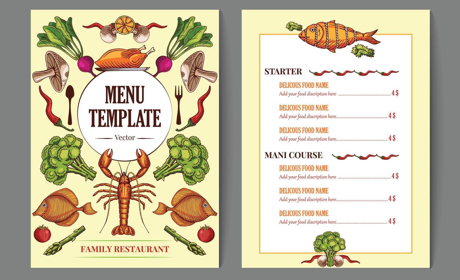 restaurant cafe menu template design. food menu flyer, hand drawn illustration vector