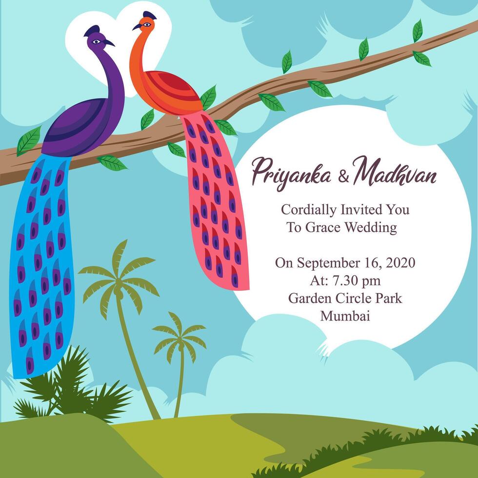 Boda tarjeta invitación diseño modelo con pavo real vector