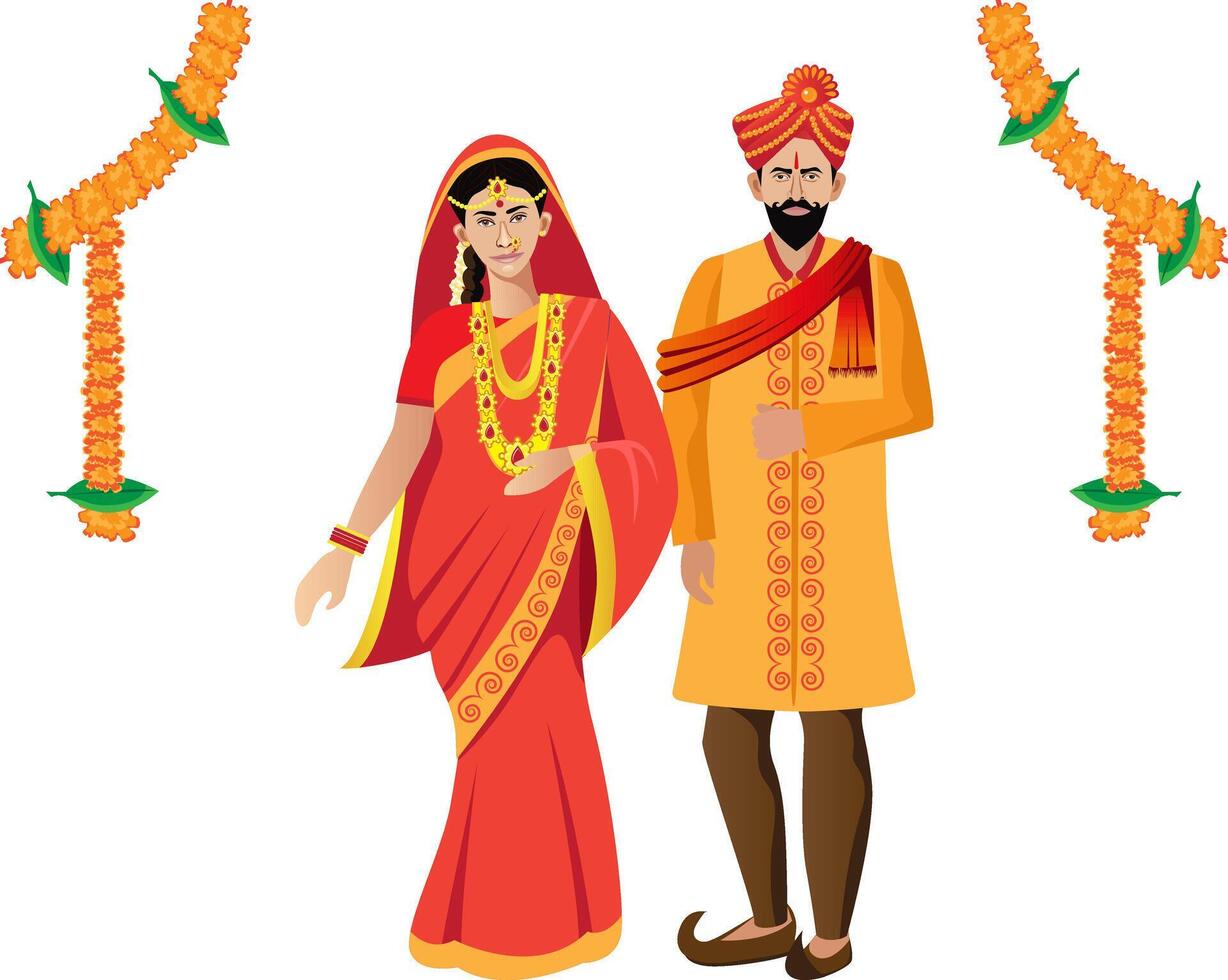 maharastrian, hindu couple standing for wedding, bride and bridegroom vector