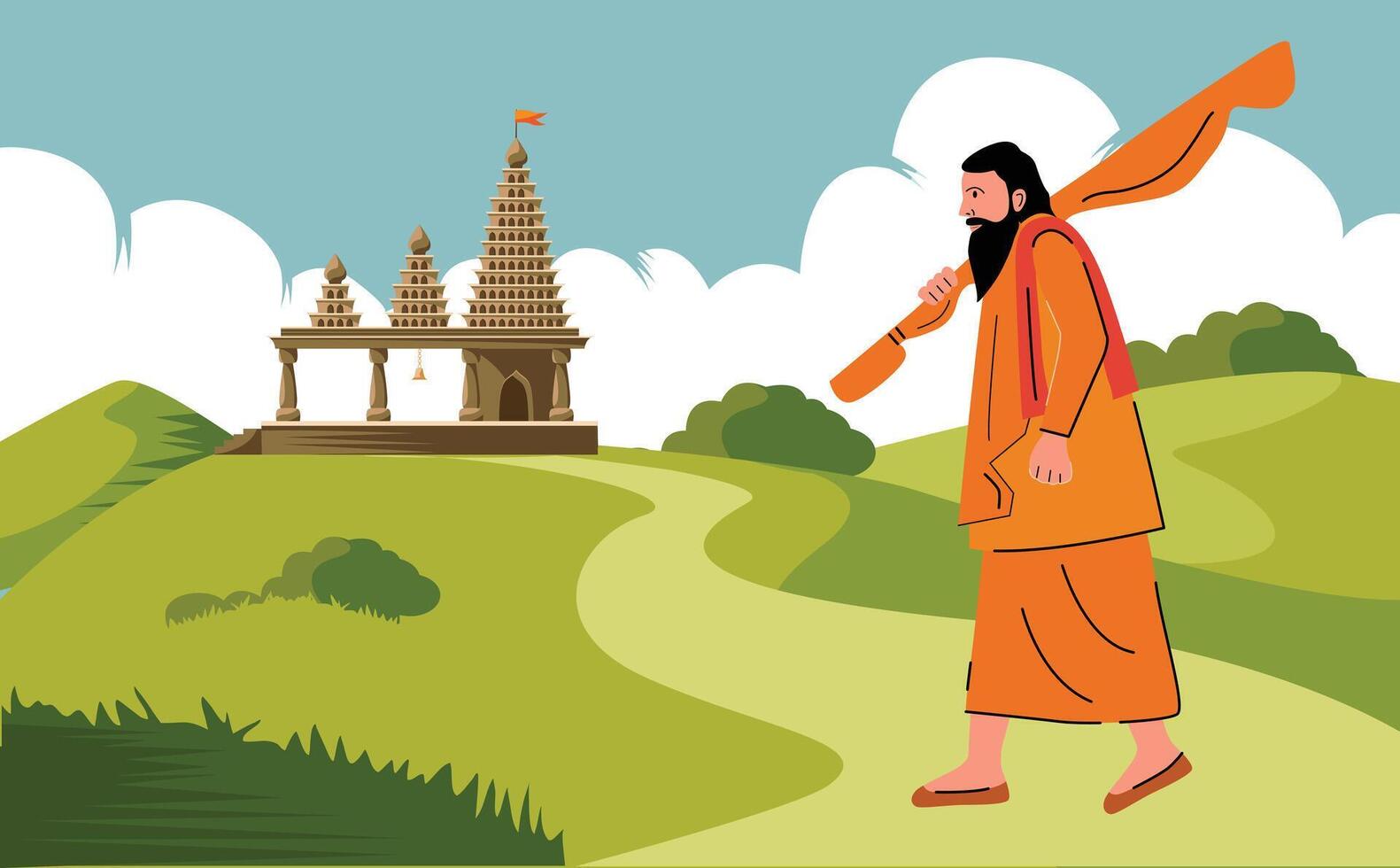 santo hombre, sadhu caminando hacia el templo, hindú devoto vector