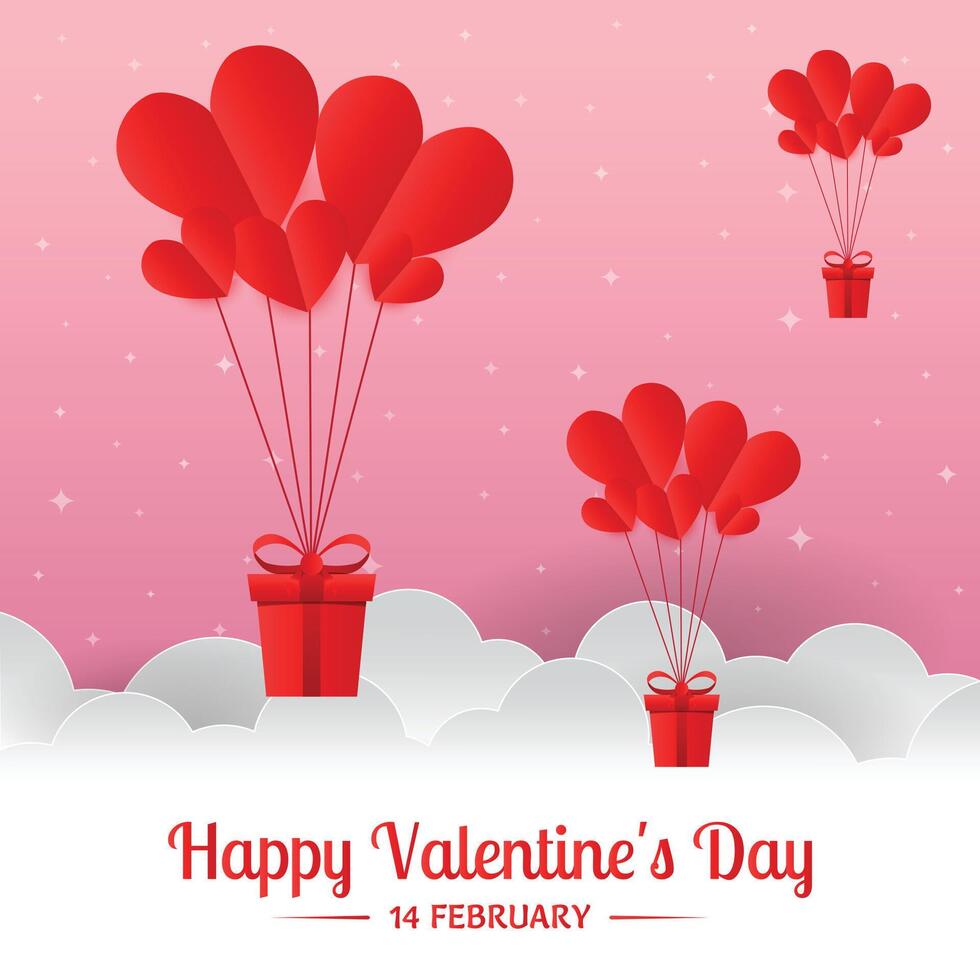 happy valentines day greeting with hearts in pink sky and clouds background vector