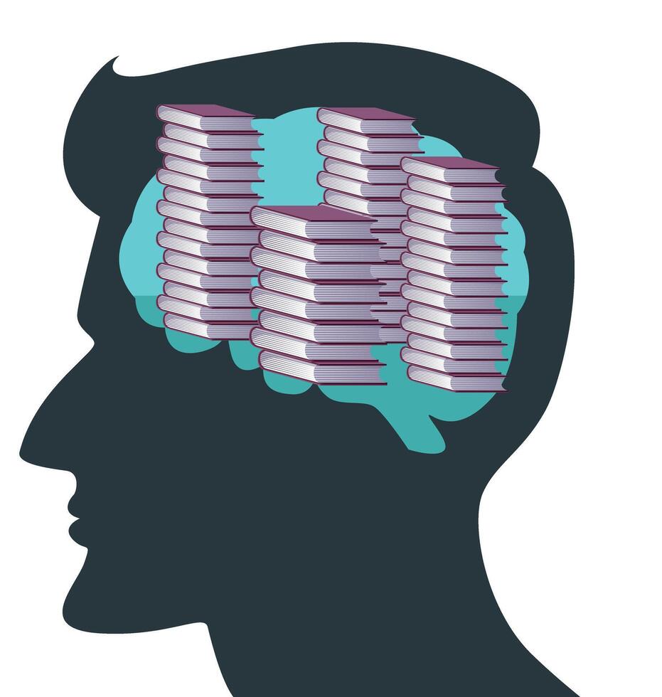 man and brain filled with books side view vector