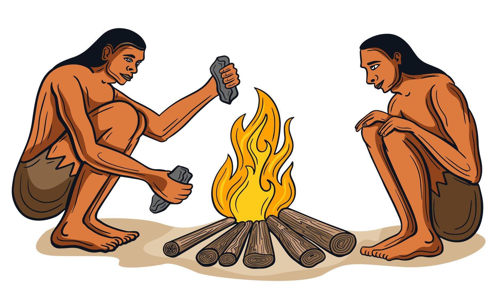 stone age people, caveman, primitive people around fire, ancient tribe  hand drawn vector
