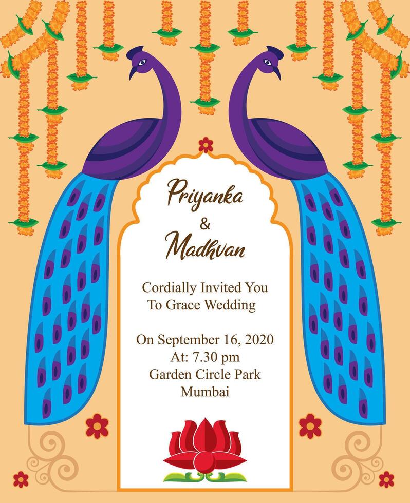 indian wedding card invitation design  template with decorative peacock vector