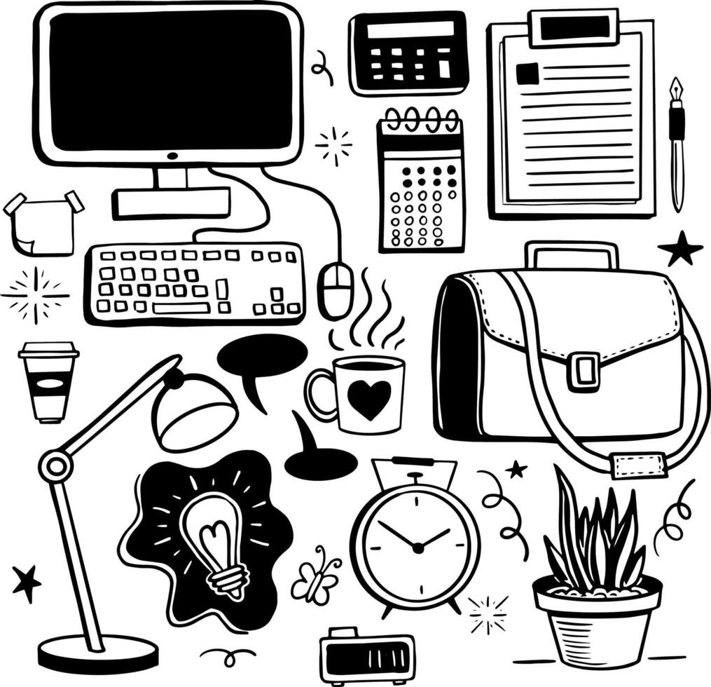 hand drawn office business icons set vector