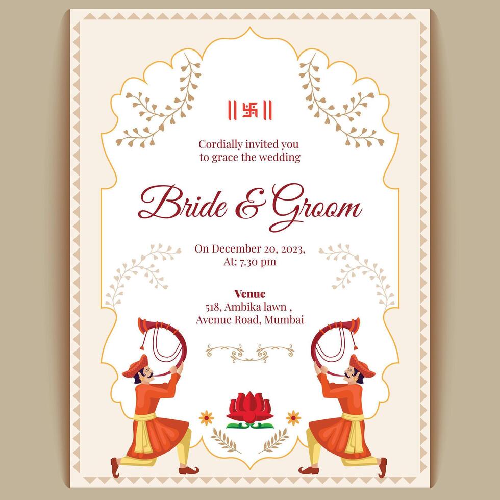 Royal indian wedding card design, invitation template vector