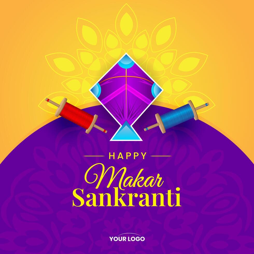 makar sankranti greeting with kite and string spool festive background vector