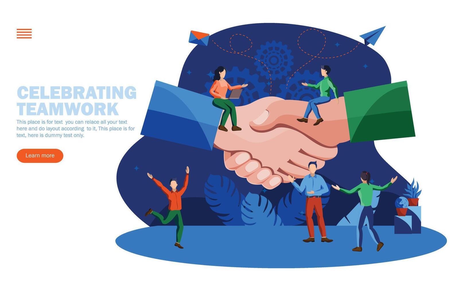 people celebrating teamwork and processes in front of big joining hands, sitting on shake hand concept vector illustration