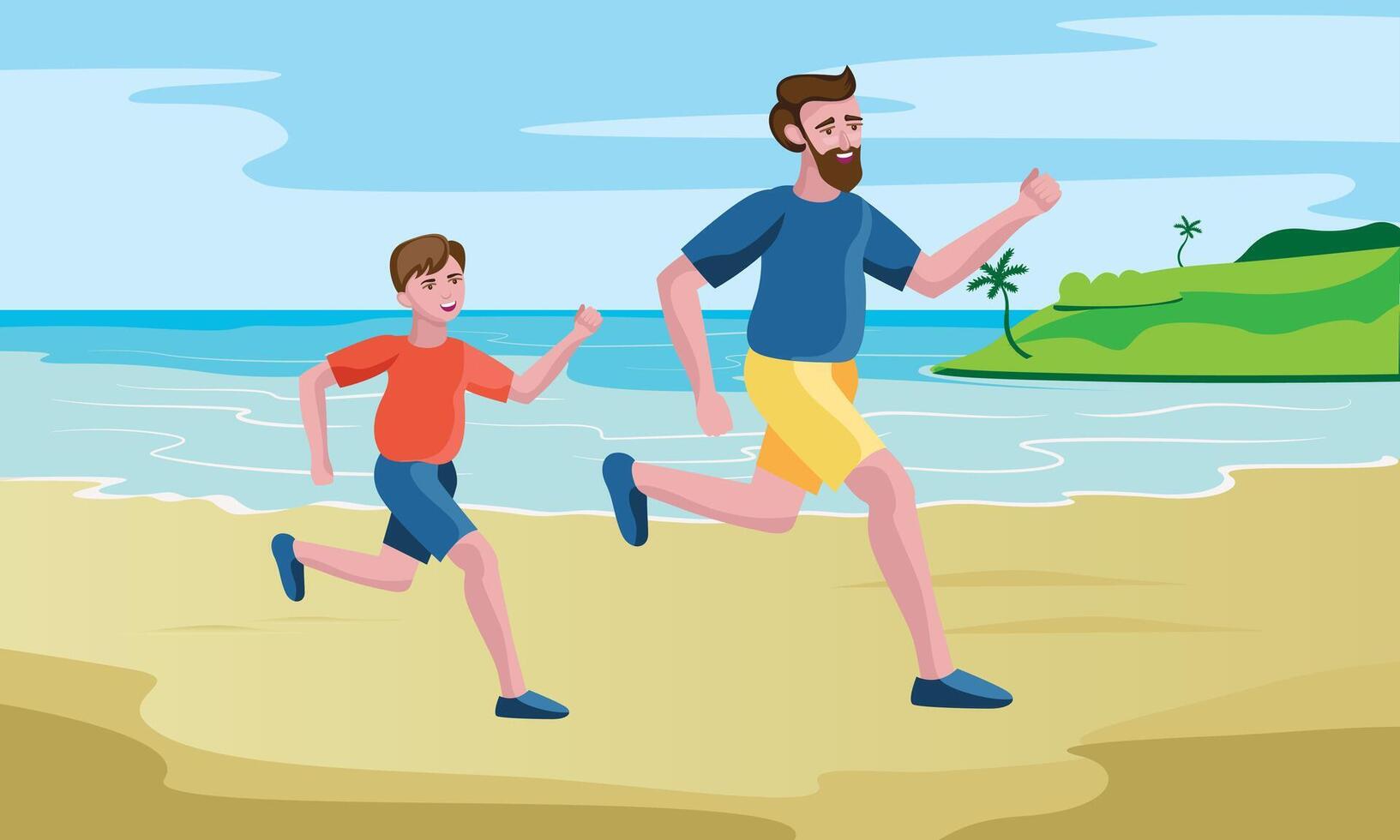 father and son running or jogging at seashore vector