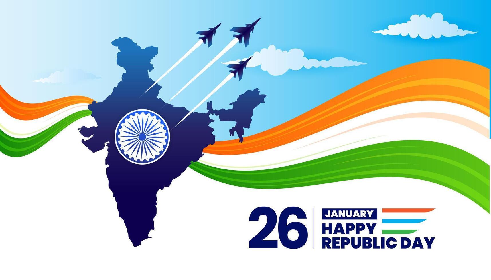26 january republic day of india celebration with wavy indian flag and map vector