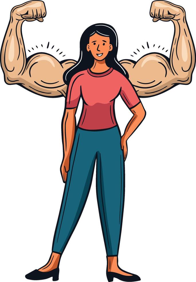 strong woman, fearless girl with strong muscle arm around, powerful female  hand drawn  vector