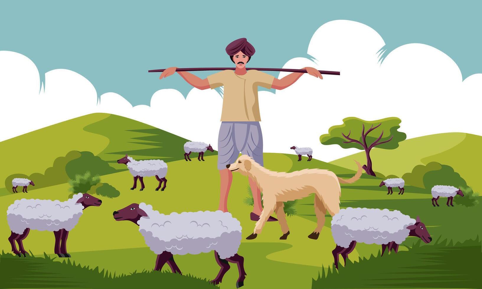 indian Shepherd with stick and dogs herding sheep vector