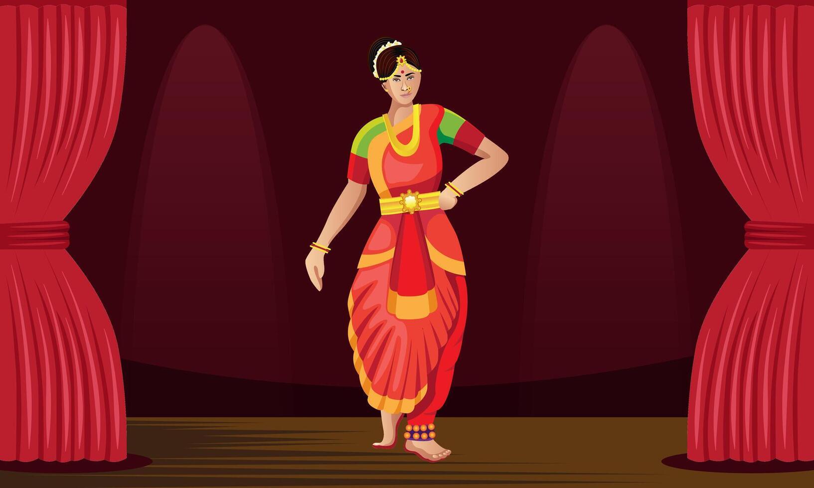 bharatnatyam mujer bailarín ejecutando en etapa vector