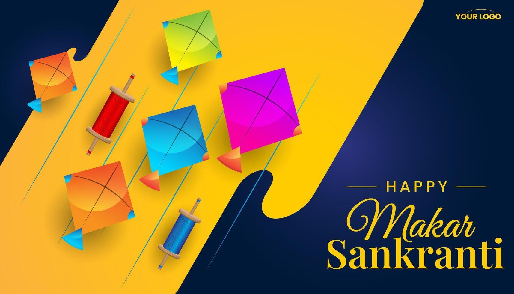 happy makar sankranti with kites and spool of string on modern background vector